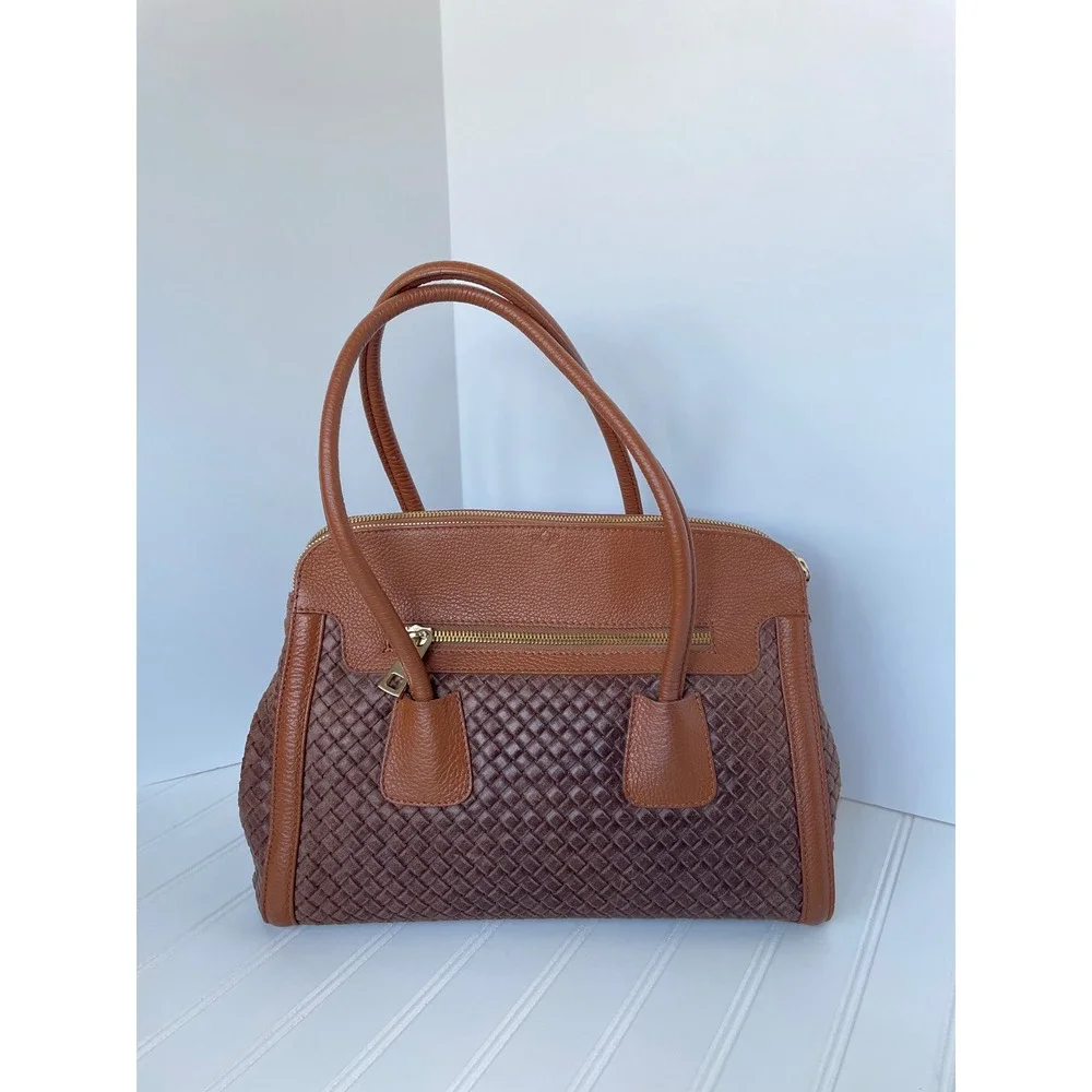 Ilenia Genuine Italian Woven Leather Brown Shoulder Bag Handmade Zip Compartment
